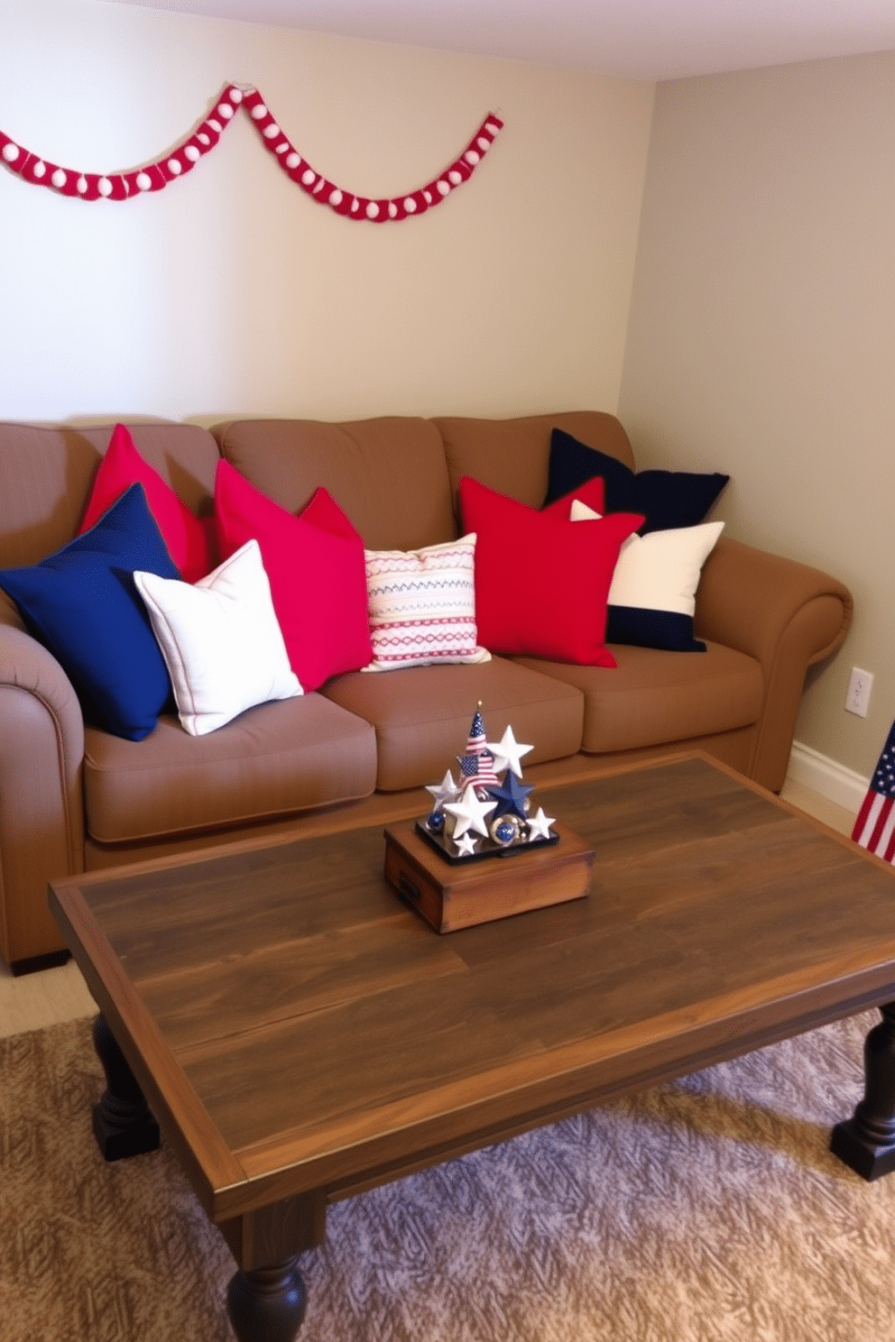 A cozy basement setting decorated for Independence Day. The sofa is adorned with a vibrant arrangement of red white and blue throw pillows, creating a festive and inviting atmosphere. The walls are painted in a soft neutral tone to balance the bold colors of the pillows. A rustic coffee table sits in front of the sofa, topped with a small centerpiece featuring stars and stripes decor.