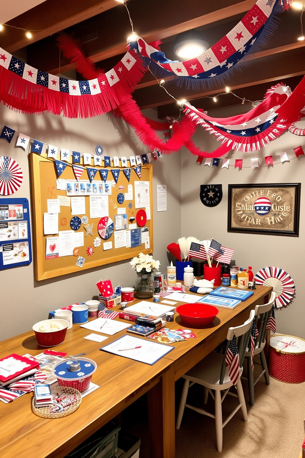 A cozy DIY Independence Day crafts corner setup. The space features a large wooden table covered with red white and blue craft supplies and decorations. Colorful banners and garlands hang from the ceiling creating a festive atmosphere. A bulletin board displays completed crafts alongside inspirational ideas for guests to try. For the Independence Day basement decorating ideas, the walls are adorned with patriotic-themed artwork. Soft lighting enhances the ambiance with string lights wrapped around support beams.