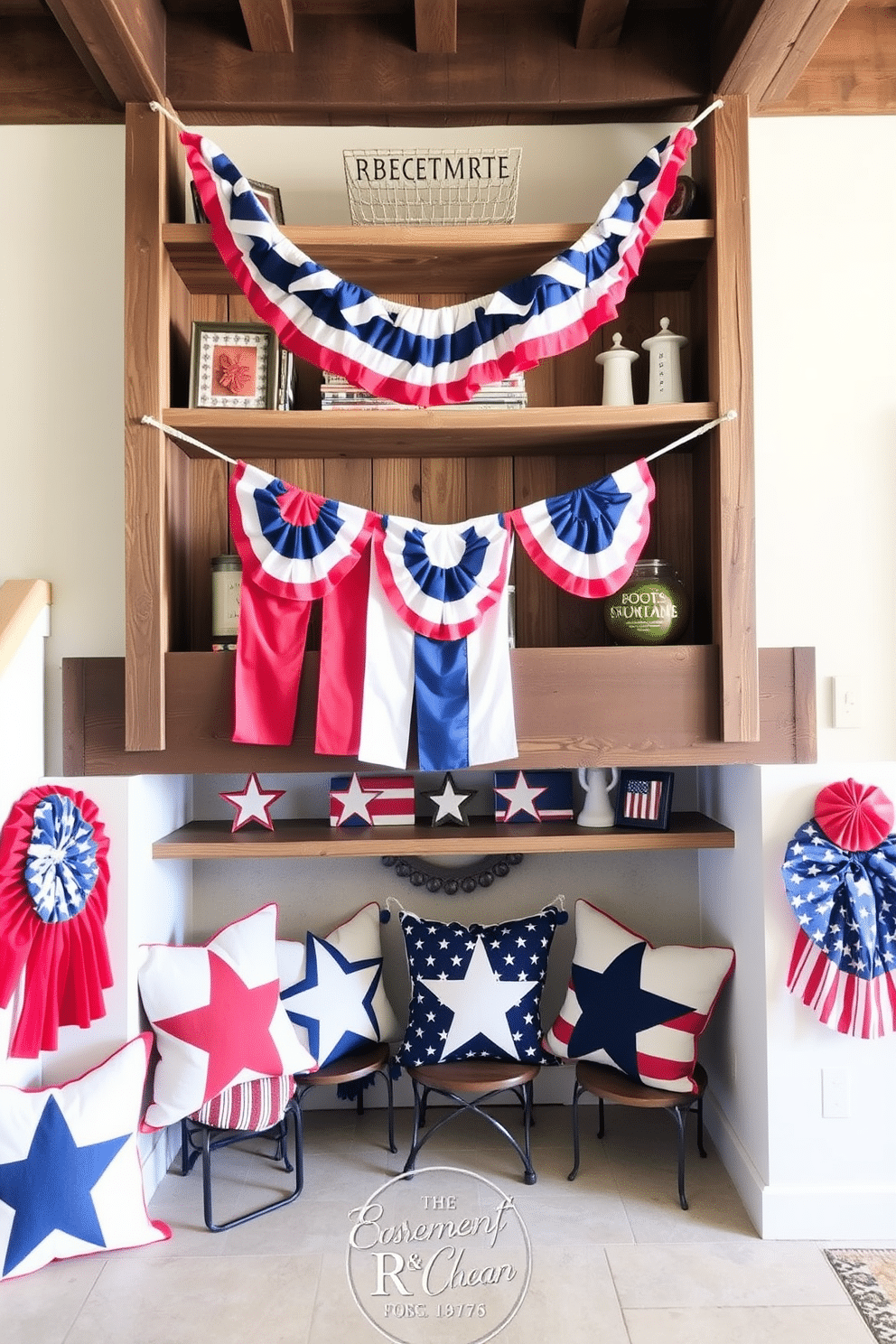 Festive banners in vibrant red white and blue colors hang gracefully from rustic wooden shelves. The basement is adorned with patriotic decorations including stars and stripes themed cushions and a cozy seating area for gatherings.