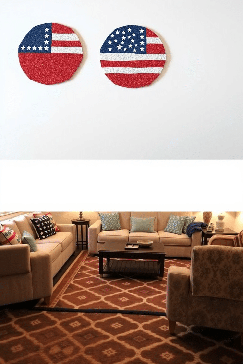 Create a set of patriotic themed coasters designed for drinks. The coasters feature red white and blue colors with stars and stripes patterns celebrating Independence Day. Design a cozy basement space that reflects a warm and inviting atmosphere. Incorporate comfortable seating a large area rug and ambient lighting to enhance the overall decor.