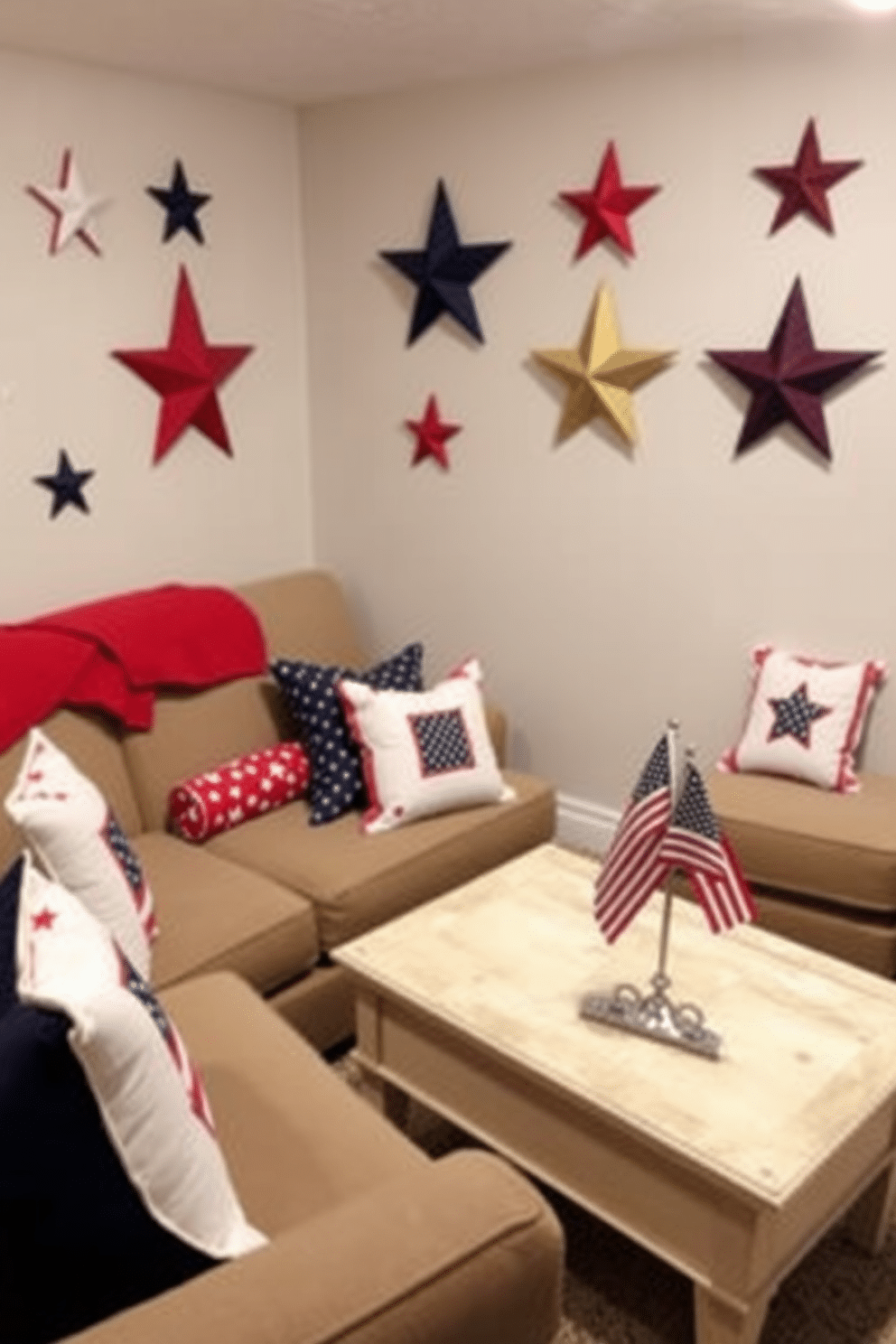 Create a cozy basement space that celebrates Independence Day. The walls are adorned with wall-mounted star decorations in red white and blue, adding a festive flair to the room. Incorporate a comfortable seating area with patriotic-themed cushions and a coffee table decorated with small flags. Soft lighting enhances the warm atmosphere making it perfect for gatherings and celebrations.