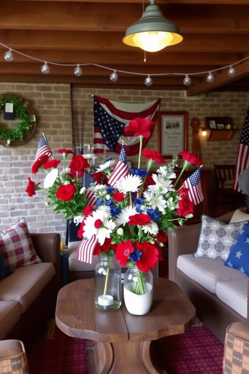 A festive basement space adorned with red white and blue flower arrangements celebrating Independence Day. The arrangements are displayed in vintage glass jars placed on a rustic wooden table surrounded by comfortable seating.