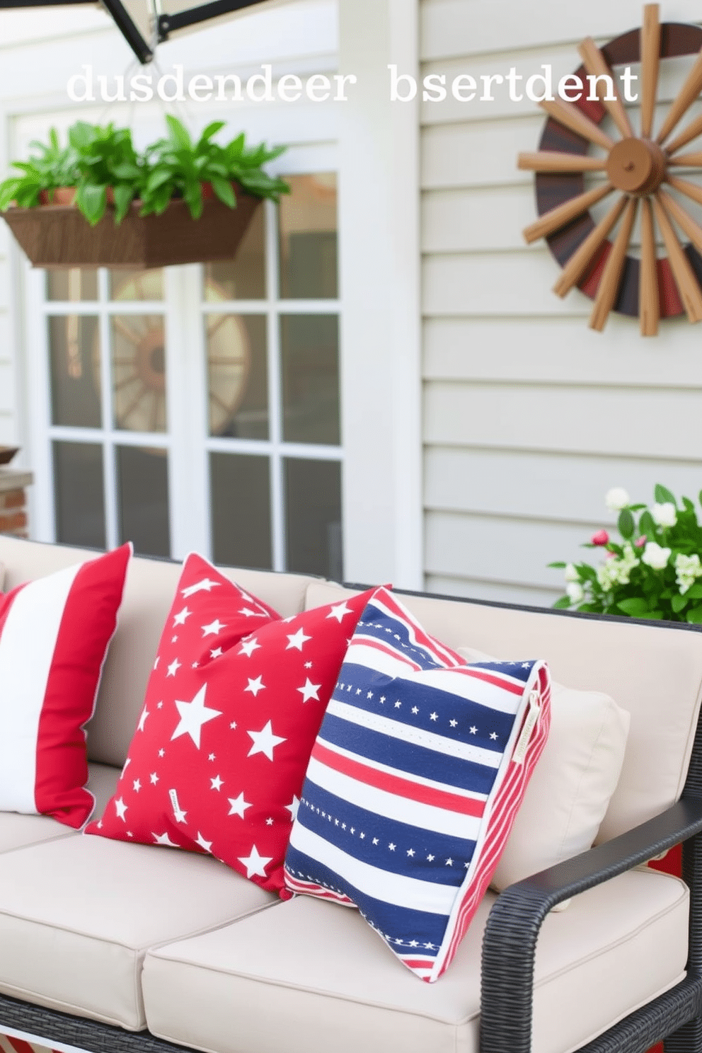 The outdoor basement furniture is adorned with themed cushions celebrating Independence Day. The cushions feature a mix of red white and blue fabrics with star and stripe patterns creating a festive atmosphere.