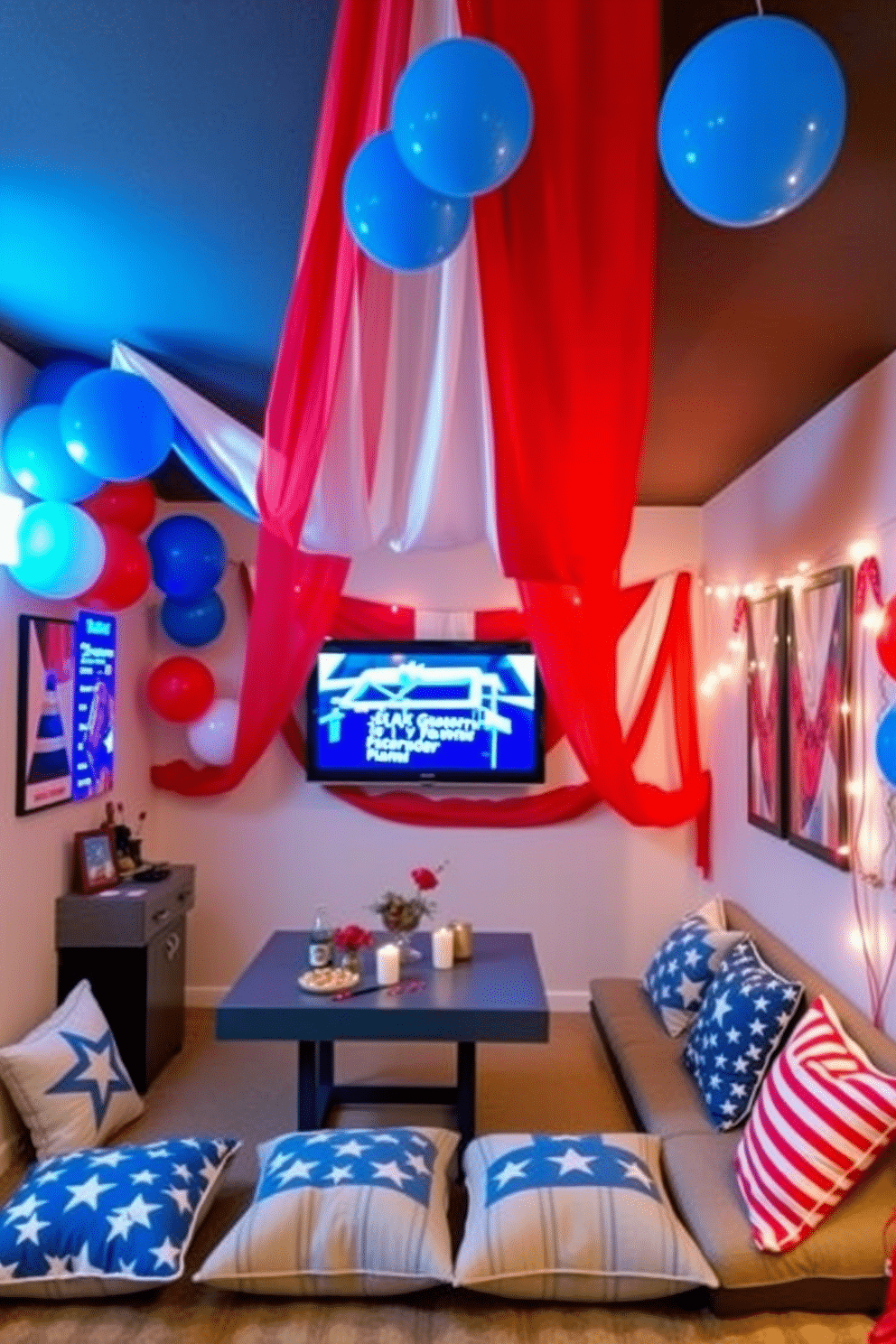 A vibrant Independence Day themed game area features a large red, white, and blue banner draped across the ceiling. Colorful balloons and streamers in patriotic colors adorn the walls, while a table is set with themed snacks and drinks. For Independence Day basement decorating ideas, the space is illuminated with string lights in red and white. A cozy seating area is arranged with cushions featuring stars and stripes, creating a festive atmosphere for gatherings.