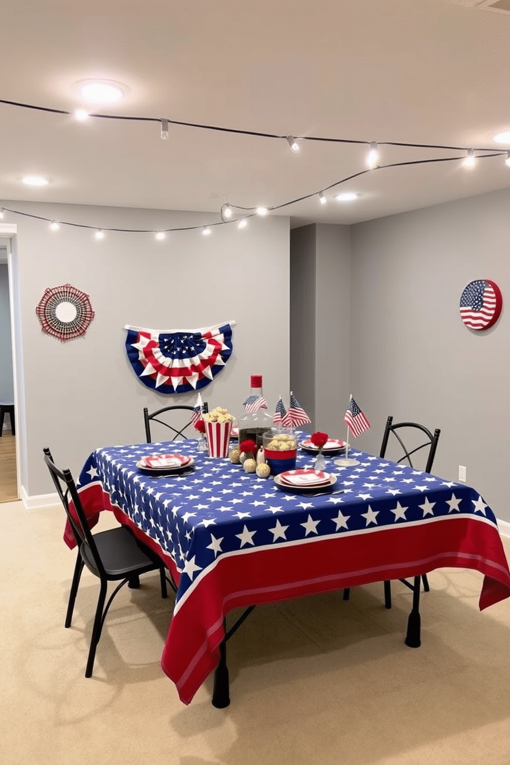 A festive basement setting for Independence Day. The table is covered with a star spangled tablecloth, adorned with red, white, and blue decorations for a patriotic gathering. The walls are painted in a light gray shade to create a neutral backdrop. String lights hang from the ceiling, adding a warm ambiance to the festive atmosphere.