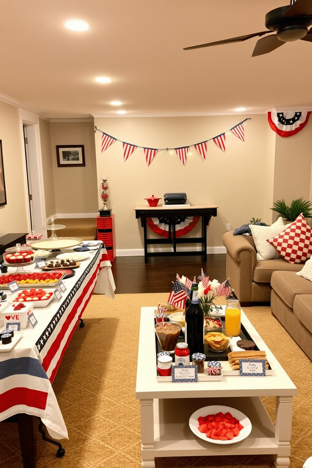 A festive food display featuring a variety of red white and blue treats arranged on a long table. The table is adorned with themed labels that highlight each dish and add a celebratory touch to the setting. The basement is transformed into a cozy gathering space decorated with patriotic bunting and string lights. Comfortable seating is arranged around a central coffee table that showcases additional festive snacks and drinks.