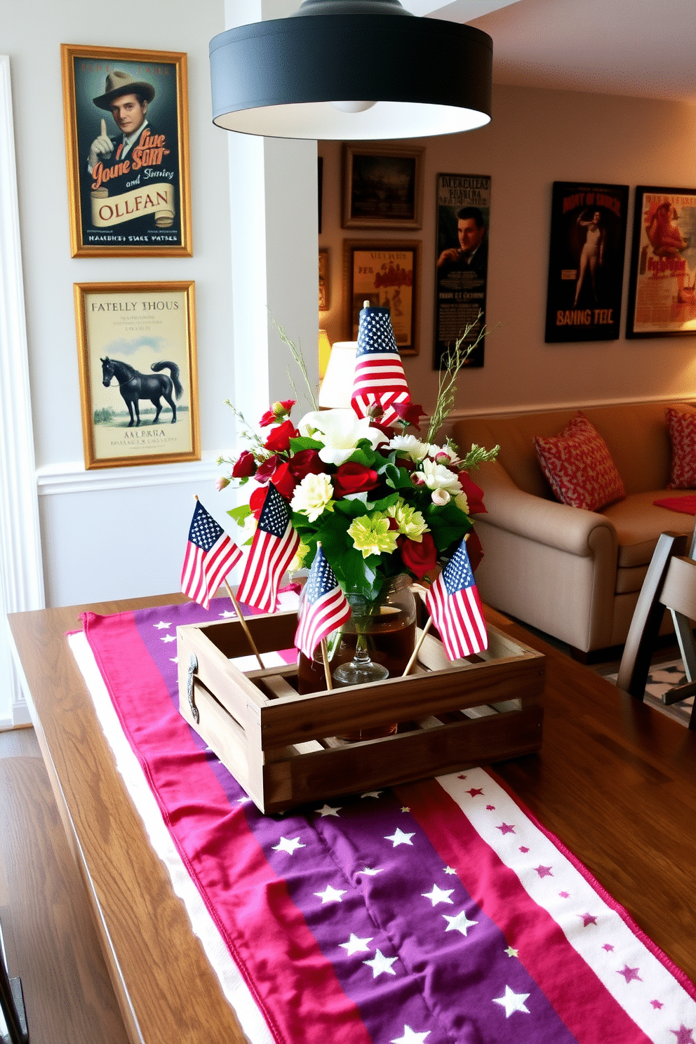 A patriotic themed centerpiece for a dining table features a large red white and blue table runner that adds a festive touch. In the center, a rustic wooden crate holds an assortment of fresh flowers in patriotic colors along with small American flags. For basement decorating ideas, envision a cozy lounge area with plush seating and warm lighting. The walls are painted a soft gray and adorned with framed vintage posters, creating an inviting atmosphere for relaxation and entertainment.