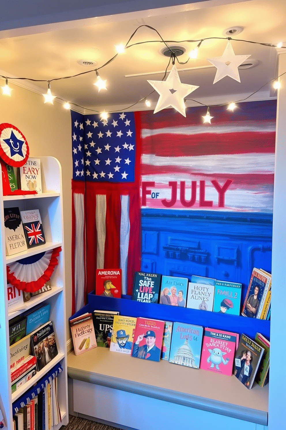 A festive Fourth of July themed book display is set up in a cozy basement nook. Red white and blue decorations adorn the shelves filled with books on American history and patriotic themes. The backdrop features a painted flag mural creating a vibrant focal point. String lights in the shape of stars twinkle above adding a warm inviting glow to the space.