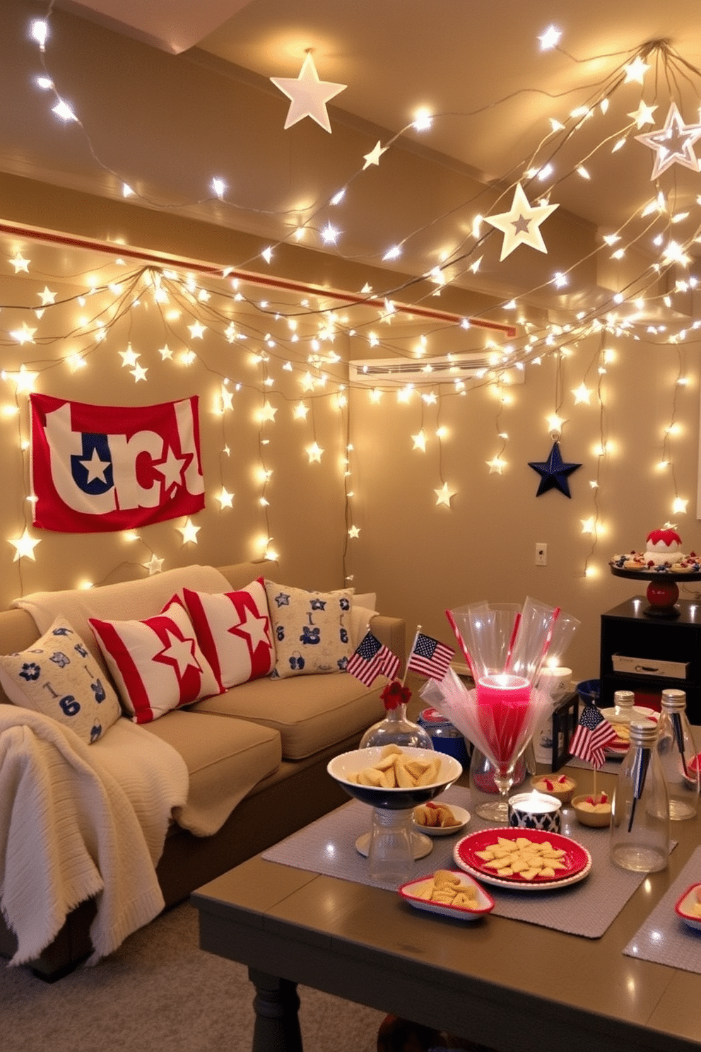 A cozy basement setting adorned with star shaped fairy lights creates a warm and inviting atmosphere for Independence Day celebrations. The lights are draped along the ceiling and walls, casting a soft glow that enhances the festive decor. The space features a comfortable seating area with patriotic throw pillows and blankets. A table is set up with red, white, and blue decorations, including themed centerpieces and snacks for guests to enjoy.