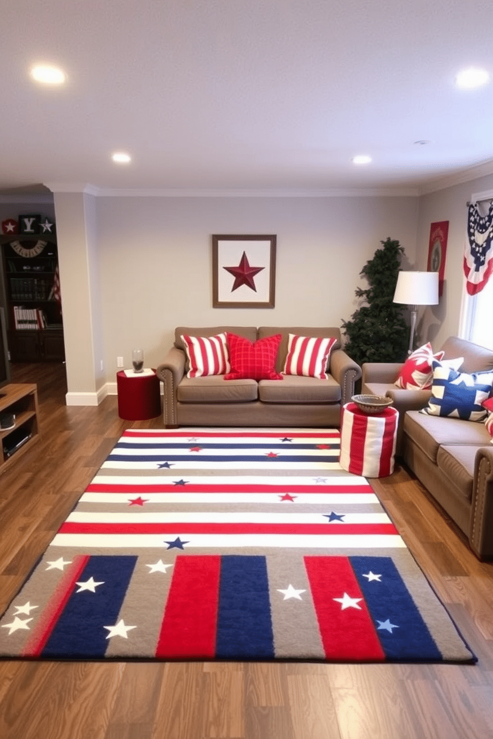 A vibrant Independence Day themed area rug featuring red white and blue stripes with stars scattered throughout. The rug adds a festive touch to the room while providing a cozy space for gatherings and celebrations. In the basement a patriotic decor scheme can be created with red white and blue accents. Incorporate themed throw pillows and wall art to enhance the Independence Day spirit while maintaining a comfortable and inviting atmosphere.