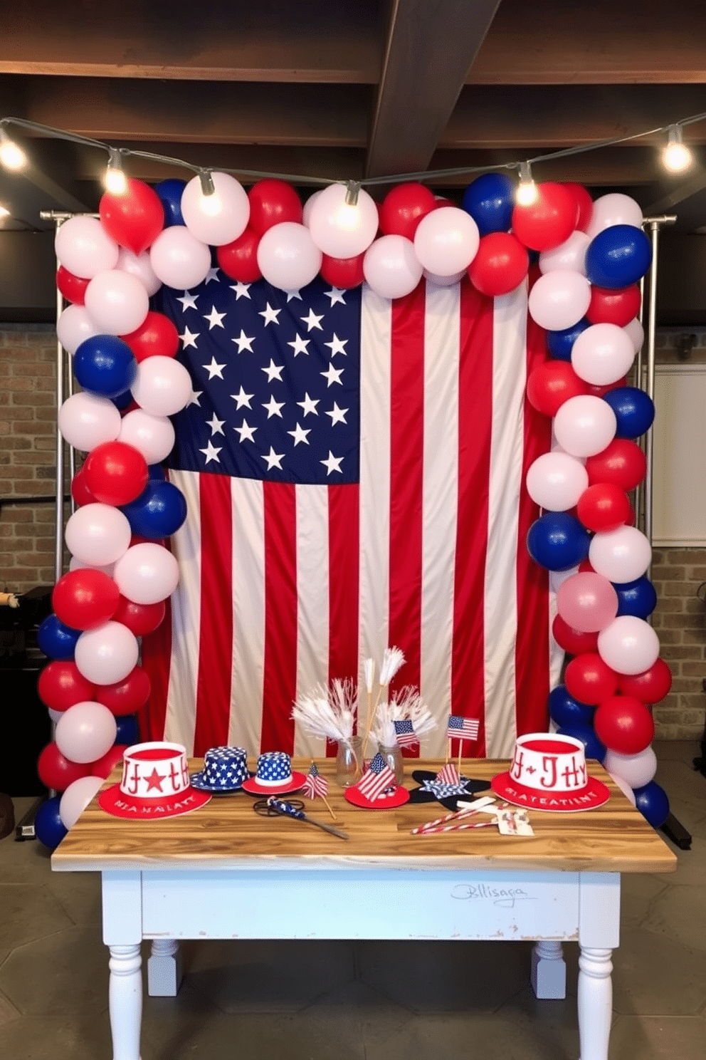 A festive Fourth of July photo booth backdrop is set up in a cozy basement space. The backdrop features a large American flag draped elegantly with red white and blue balloons arranged in clusters around the edges. In front of the backdrop there is a rustic wooden table adorned with patriotic-themed props like hats and sparklers. String lights hang overhead creating a warm inviting atmosphere perfect for capturing holiday memories.