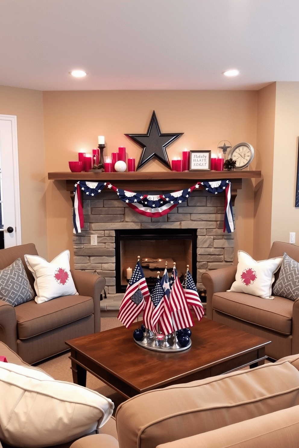 A cozy basement setting decorated for Independence Day. The mantle is adorned with patriotic colored candles in red, white, and blue, creating a festive atmosphere. The walls are painted in a warm beige tone, complemented by rustic wooden shelves displaying Americana decor. Comfortable seating is arranged around a coffee table, featuring a centerpiece of small flags and seasonal decorations.