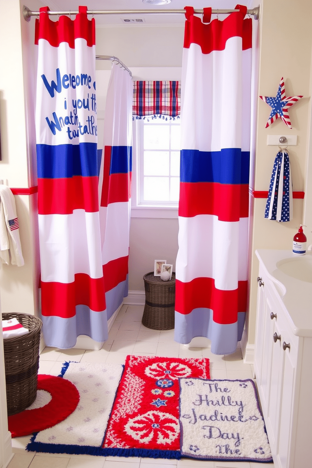 A vibrant bathroom setting featuring red white and blue shower curtains that celebrate Independence Day. The walls are adorned with patriotic-themed decor, and a decorative rug in matching colors adds a festive touch to the space.