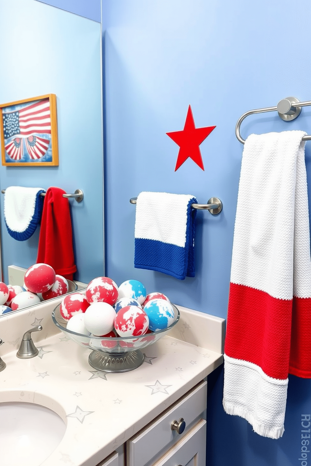 A festive bathroom setting inspired by Independence Day. The space features a display of vibrant red white and blue bath bombs arranged in a decorative bowl on the countertop. The walls are adorned with patriotic-themed artwork and a red white and blue color scheme. Soft towels in coordinating colors hang neatly on a stylish towel rack, adding to the celebratory atmosphere.