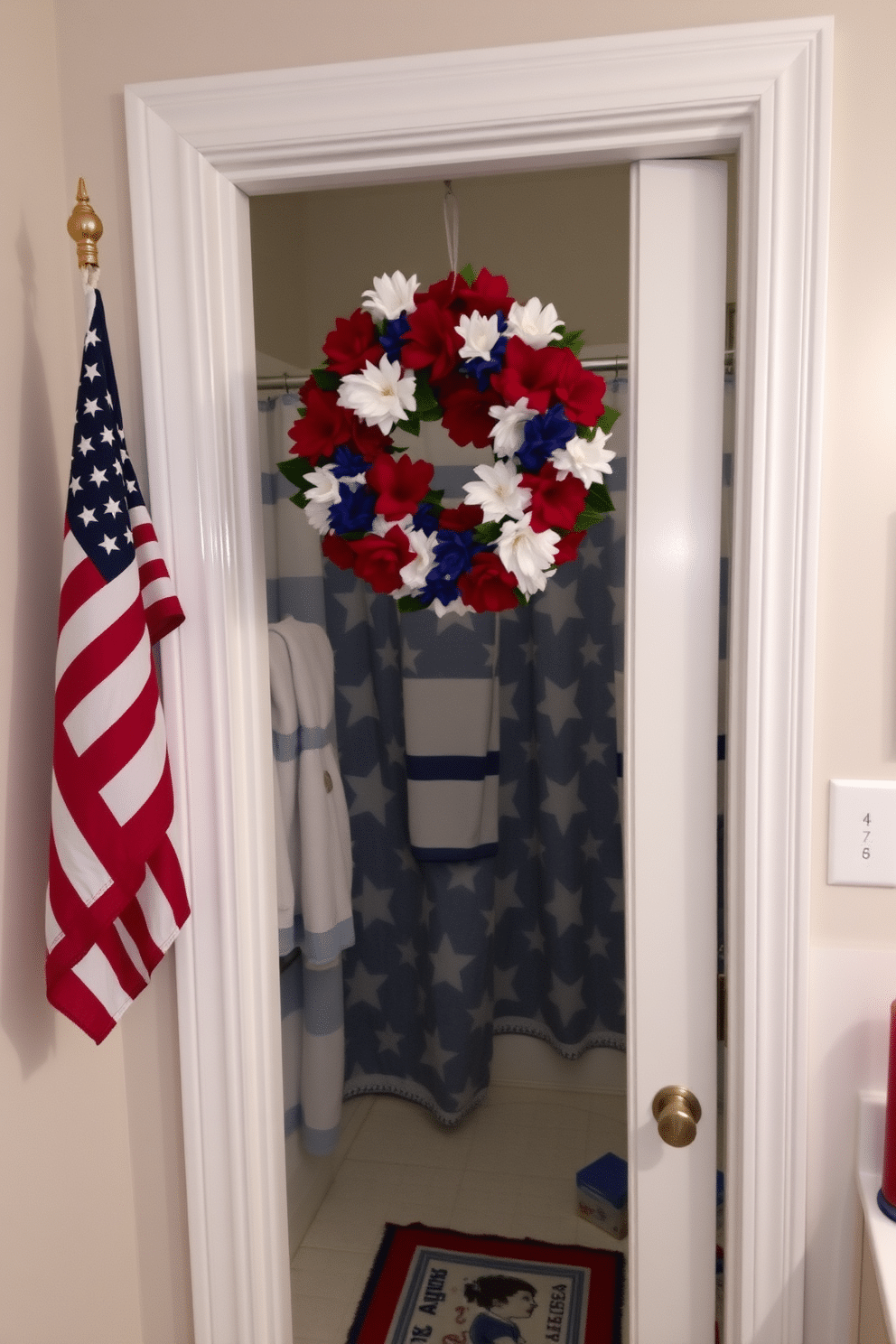 A festive bathroom door adorned with a patriotic wreath featuring red white and blue flowers. The wreath is complemented by a small American flag hanging nearby creating a cheerful Independence Day atmosphere. Inside the bathroom vibrant decorations reflect the spirit of the holiday with themed towels and accessories. Subtle touches like star patterned shower curtains and red white and blue candles complete the festive look.