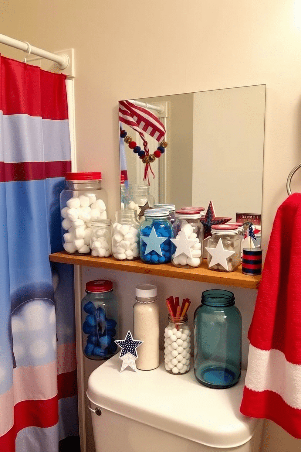 A collection of colored glass jars in various sizes is arranged on a wooden shelf, showcasing an array of vibrant hues. The jars are filled with bath salts, cotton balls, and other decorative items, adding a playful touch to the space. For Independence Day, the bathroom is adorned with red, white, and blue accents, including a festive shower curtain and matching towels. Stars and stripes motifs are incorporated through decorative accessories, creating a celebratory atmosphere.