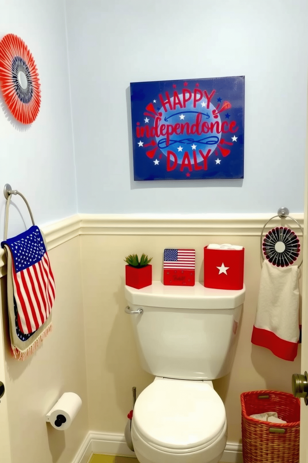 A vibrant bathroom decor featuring themed artwork above the toilet celebrating Independence Day. The artwork includes a patriotic design with red white and blue colors complemented by festive accessories throughout the space.