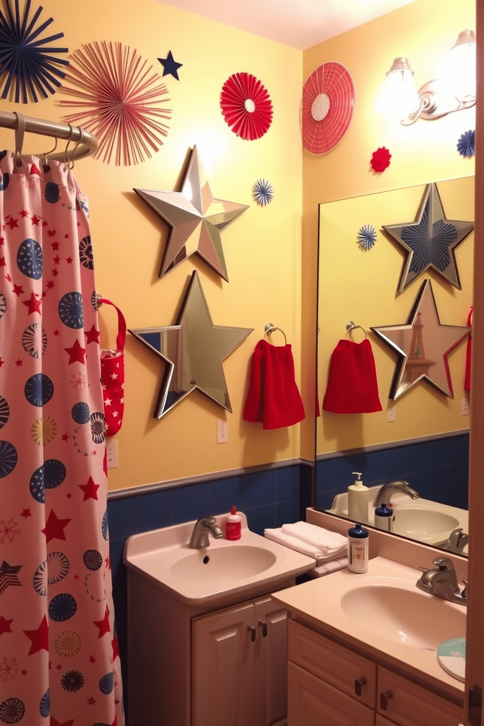 A vibrant bathroom setting featuring star-shaped mirrors as accent pieces. The walls are adorned with red, white, and blue decorations to celebrate Independence Day. The star mirrors are strategically placed above the sinks, reflecting light and adding a playful touch. Complementing the decor, a festive shower curtain showcases iconic symbols of the holiday.