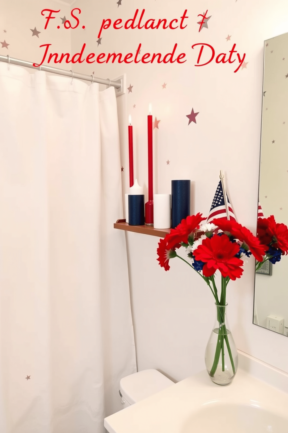 A festive bathroom setting for Independence Day. The decor features red white and blue candles arranged on a wooden shelf, creating a patriotic ambiance. The walls are adorned with subtle star patterns, and a crisp white shower curtain complements the theme. A small vase with fresh flowers in red and blue sits on the countertop, adding a touch of color to the space.