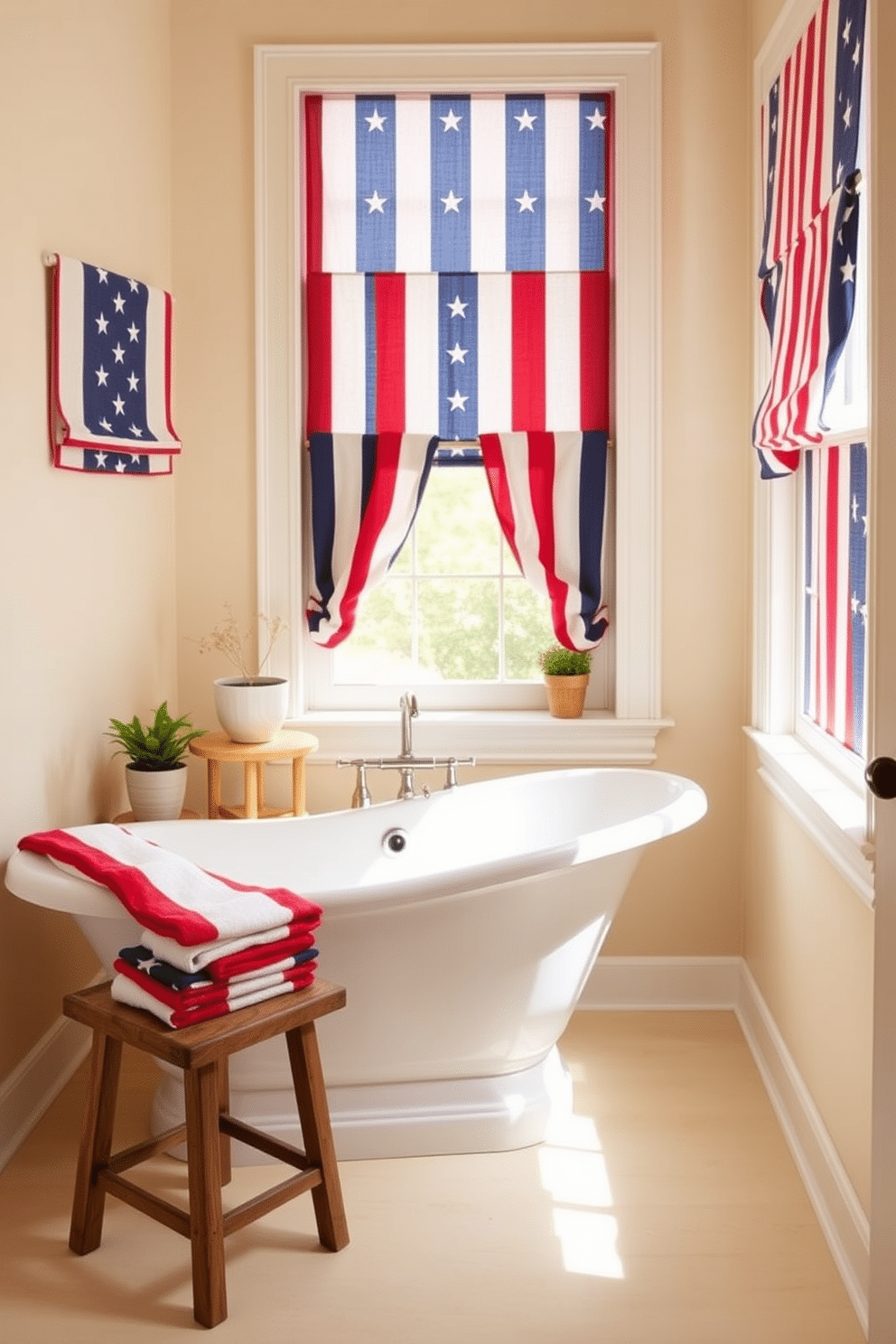 A vibrant bathroom setting adorned with flag patterned window treatments that celebrate Independence Day. The space features a classic white bathtub with a rustic wooden stool beside it, topped with festive red, white, and blue towels. The walls are painted a soft cream color, creating a warm and inviting atmosphere. A small potted plant sits on the windowsill, adding a touch of greenery to the patriotic decor.