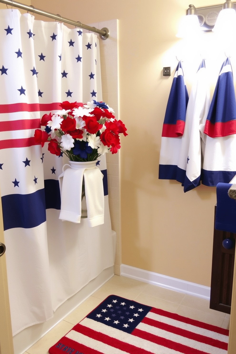 A patriotic themed bathroom adorned with red white and blue accessories. The shower curtain features stars and stripes while matching towels hang neatly on the rack. A decorative vase filled with artificial red white and blue flowers sits on the countertop. A festive rug with a subtle flag design adds a cheerful touch to the floor.