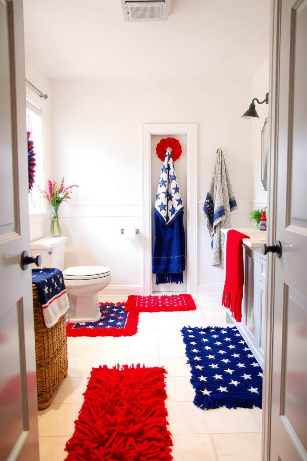 Create a festive bathroom setting inspired by Independence Day. The floor is adorned with vibrant red white and blue rugs that add a patriotic touch to the space. The walls are painted in a crisp white, creating a bright and airy atmosphere. Accents of red and blue are incorporated through decorative towels and accessories, enhancing the celebratory theme.