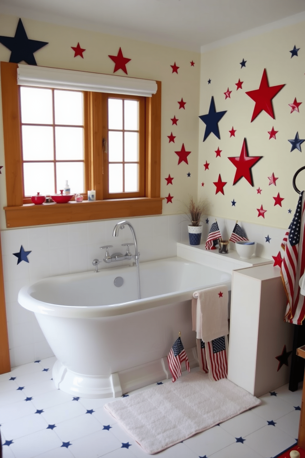 A whimsical bathroom setting featuring star decals adorning the walls. The decor is themed around Independence Day, with red, white, and blue accents throughout the space. A freestanding bathtub is positioned under a window, surrounded by festive decorations. A collection of small American flags and patriotic-themed towels add a celebratory touch to the room.