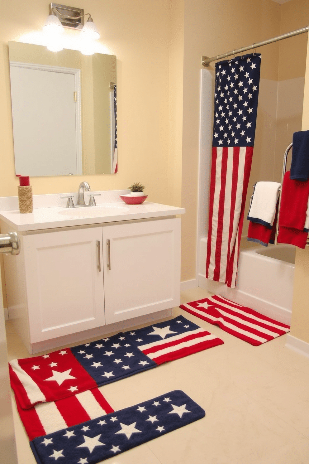 A patriotic themed bathroom featuring vibrant red, white, and blue bath mats adorned with stars and stripes. The mats are placed in front of a sleek white vanity with a brushed nickel faucet, complemented by a shower curtain showcasing an American flag design. The walls are painted in a soft cream color, creating a warm backdrop for the festive decor. Decorative elements include a small potted plant and red, white, and blue towels neatly arranged on a chrome towel rack.