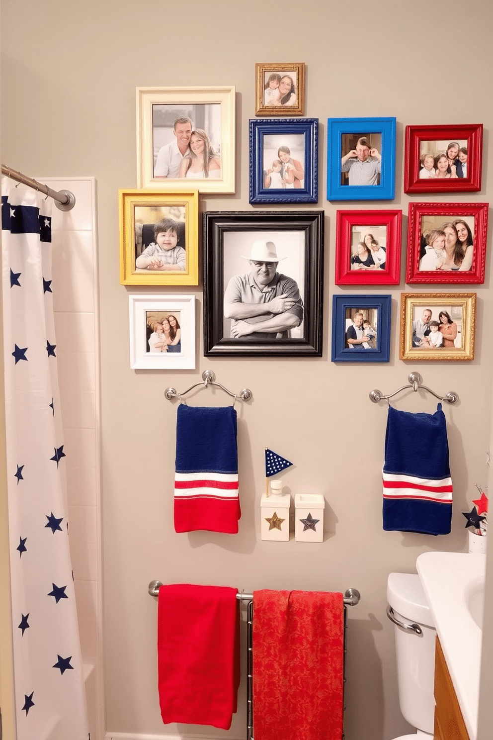 Themed picture frames for family photos. A collection of colorful frames in various sizes is arranged on a gallery wall, showcasing cherished family moments. Each frame features a unique design that reflects the personalities of the family members, creating a vibrant and inviting display. Independence Day Bathroom Decorating Ideas. The bathroom is adorned with red, white, and blue accents, including a patriotic shower curtain and towels. Small decorative elements like star-shaped soap dispensers and a festive centerpiece on the vanity enhance the celebratory atmosphere.