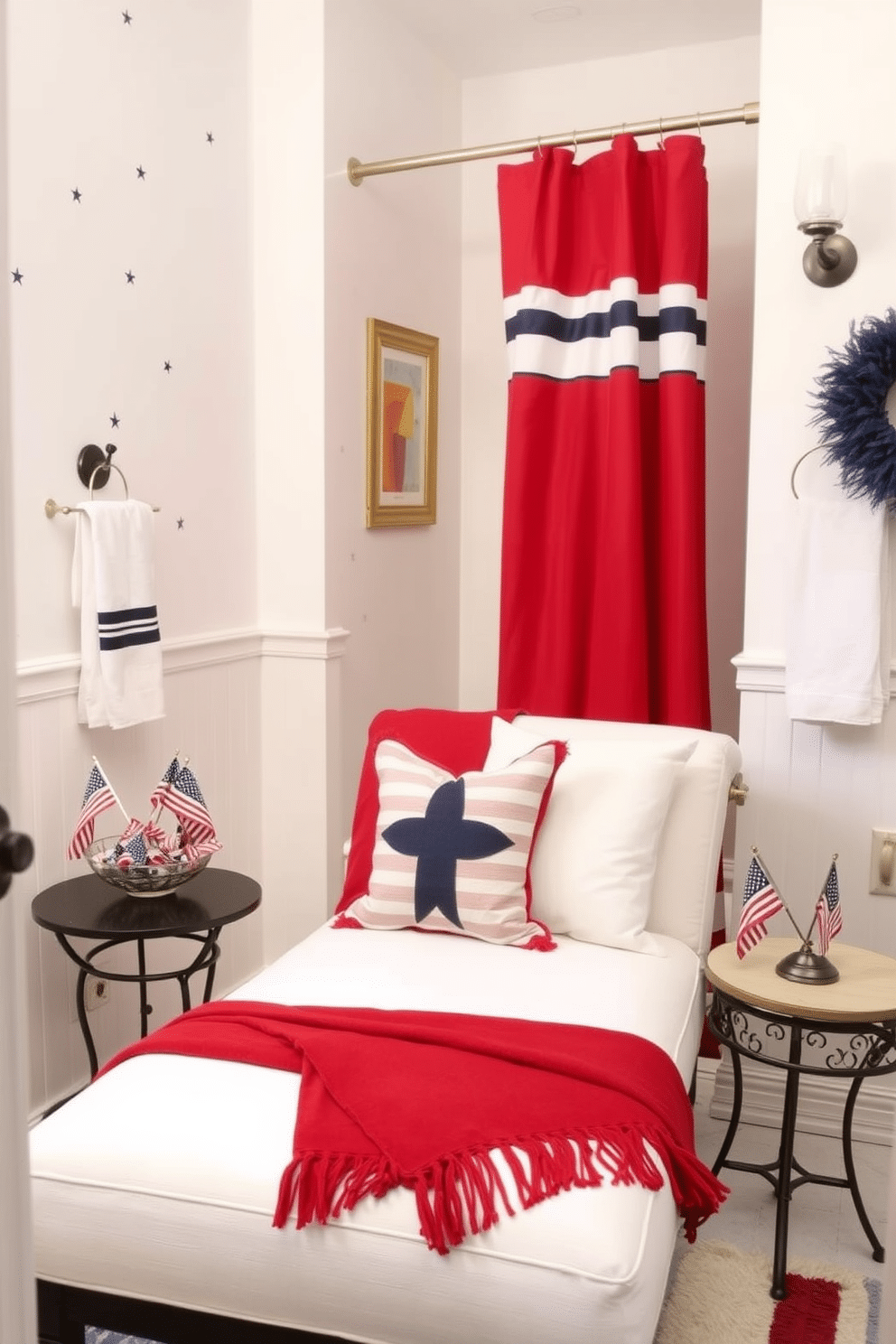 Create a festive bathroom setting inspired by Independence Day. Incorporate red white and blue decorative pillows on a stylish chaise lounge, adding a patriotic touch to the space. The walls are adorned with subtle star motifs, and a vibrant red shower curtain complements the theme. Place a small table beside the lounge with a decorative bowl filled with miniature American flags for an extra festive detail.