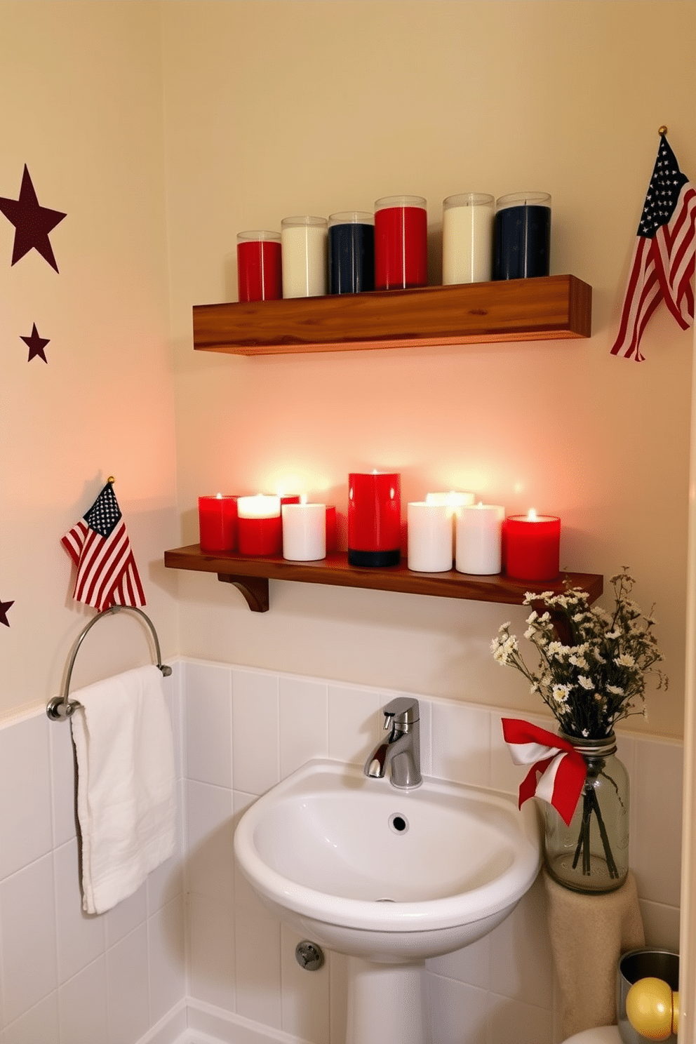 A charming bathroom adorned with scented candles in patriotic colors of red, white, and blue. The candles are artfully arranged on a wooden shelf above the sink, creating a festive and inviting atmosphere. The walls are decorated with subtle stars and stripes, enhancing the Independence Day theme. A small bouquet of wildflowers in a mason jar adds a touch of natural beauty to the space.