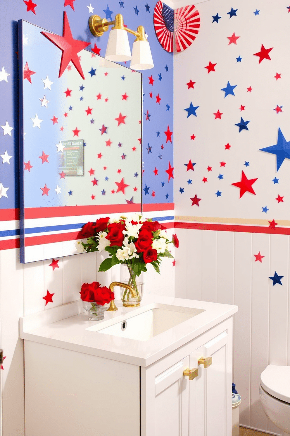 A vibrant bathroom adorned with patriotic themed wall decals celebrating Independence Day. The walls are decorated with stars and stripes in red, white, and blue, creating a festive atmosphere that captures the spirit of the holiday. A sleek white vanity contrasts beautifully with the bold colors of the decals. Accents of gold in the fixtures and a bouquet of red and white flowers on the countertop add an elegant touch to the festive decor.