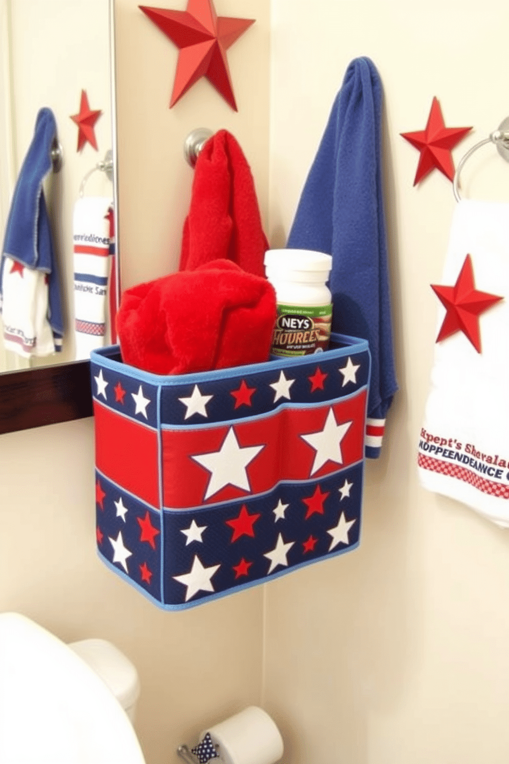 A patriotic bathroom organizer featuring stars and stripes design. The organizer is crafted from durable fabric with vibrant red, white, and blue colors, perfect for holding toiletries and towels. The space is adorned with Independence Day themed decorations. Red and blue accents are complemented by star-shaped wall art and festive towels, creating a celebratory atmosphere.