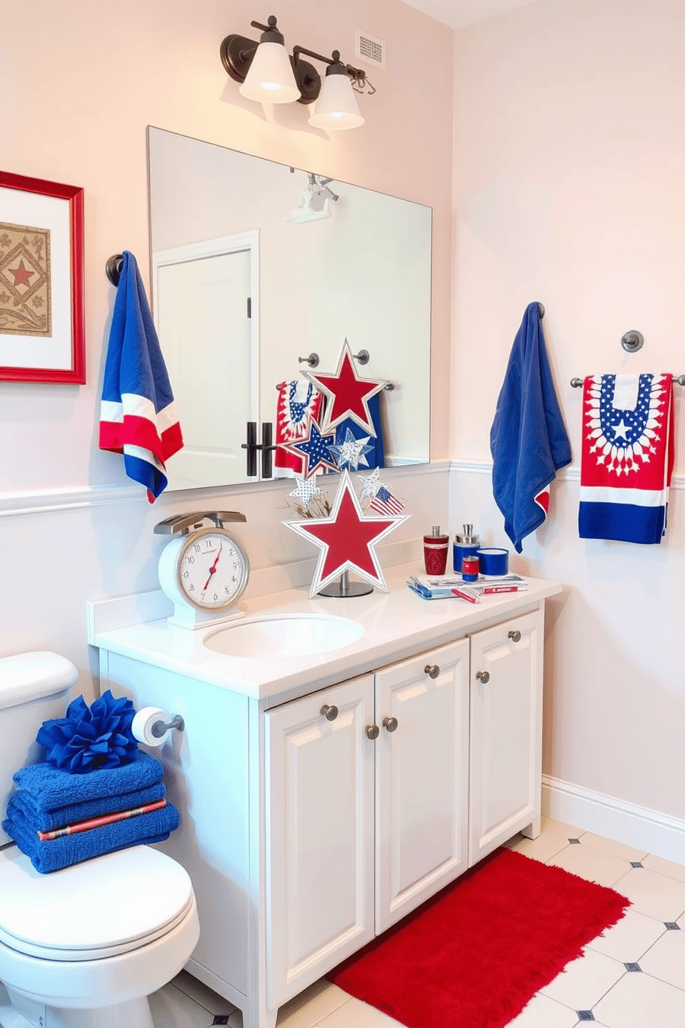 A vibrant bathroom setting celebrating Independence Day. The space features red white and blue bath scales placed on a white vanity, complemented by patriotic-themed towels and accessories. The walls are adorned with subtle red and blue accents, while the floor is covered with a classic white tile. A decorative display of stars and stripes decorates the countertop, enhancing the festive atmosphere.