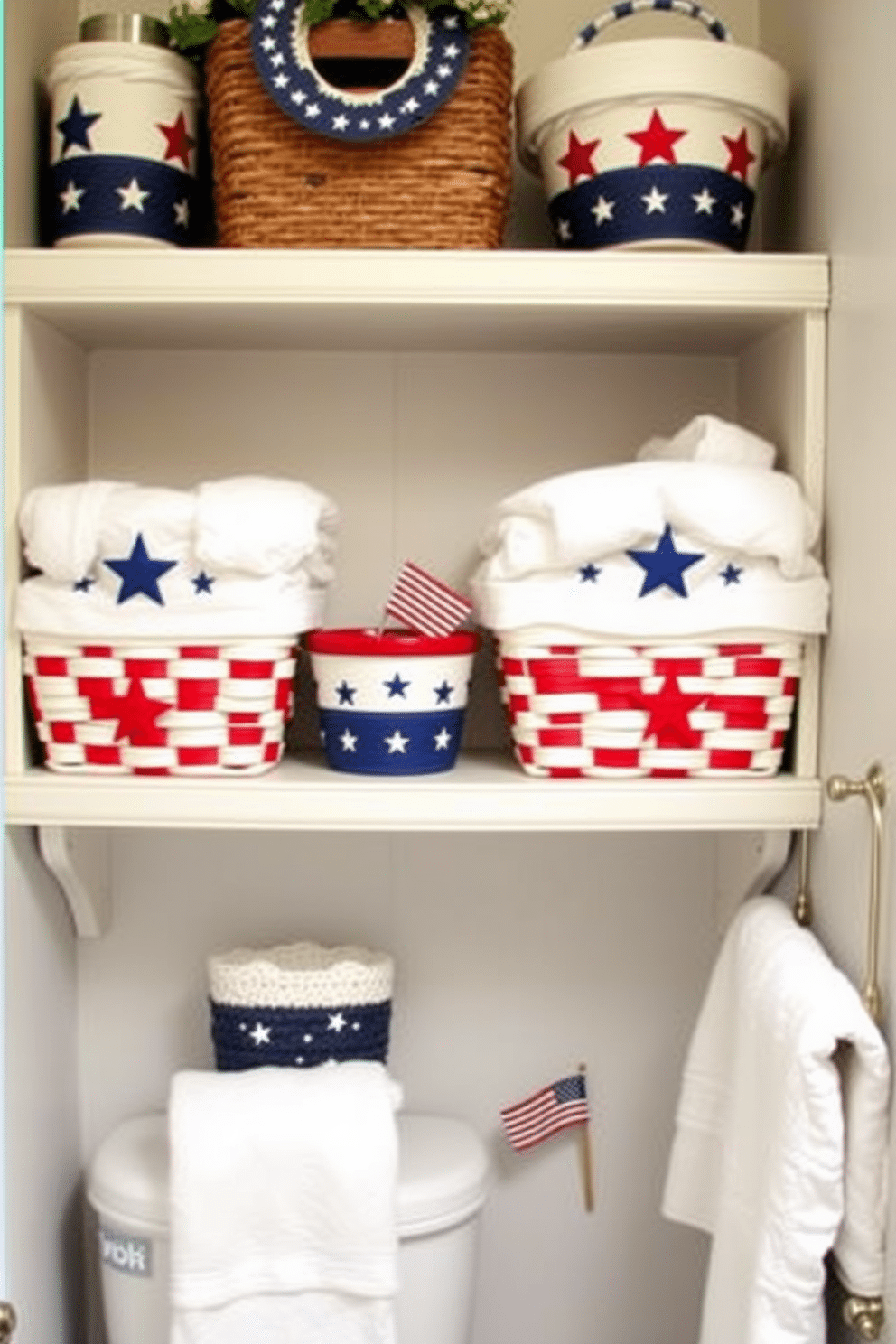 A charming bathroom scene featuring decorative baskets in red, white, and blue hues. The baskets are neatly arranged on open shelves, adding a festive touch to the space. Incorporate stars and stripes patterns into the decor to enhance the Independence Day theme. Soft white towels and a small flag accent complete the look, creating a warm and inviting atmosphere.