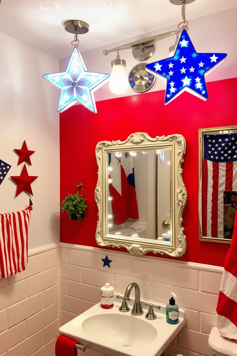 A festive bathroom setting celebrating Independence Day. The space features light fixtures shaped like stars and stripes, casting a warm glow throughout the room. Red, white, and blue accents adorn the walls and accessories. A vintage-style mirror with a patriotic frame complements the overall theme.