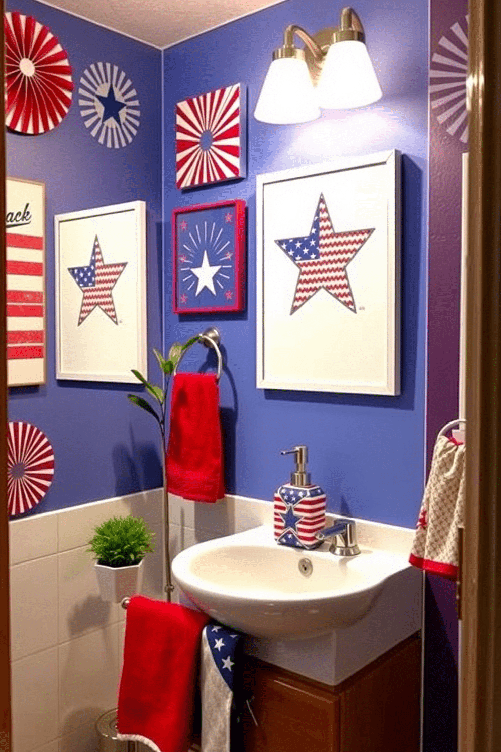 A vibrant bathroom featuring star spangled wall art prints that celebrate Independence Day. The walls are adorned with a mix of red white and blue accents creating a festive atmosphere. The vanity is decorated with themed towels and a decorative soap dispenser in patriotic colors. A small potted plant adds a touch of greenery next to the sink enhancing the overall design.