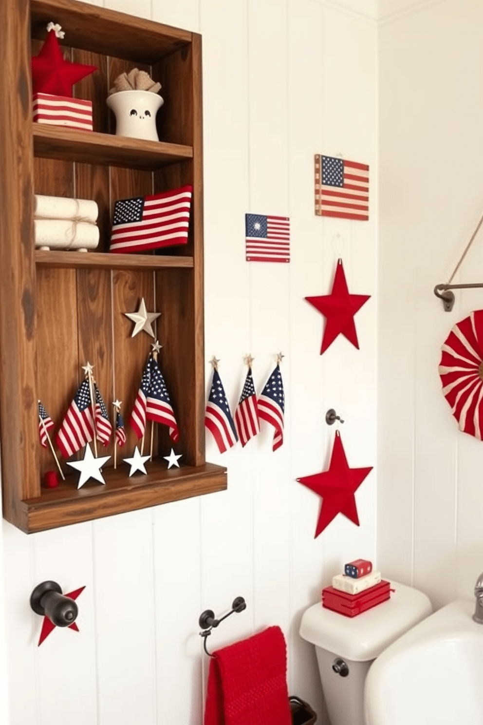 A charming bathroom adorned with vintage flag decorations on the shelves. The walls are painted in a soft white hue, creating a fresh backdrop for the patriotic accents. Red, white, and blue elements are tastefully incorporated throughout the space. A rustic wooden shelf displays an array of small flags and star-themed decor, adding a festive touch for Independence Day.