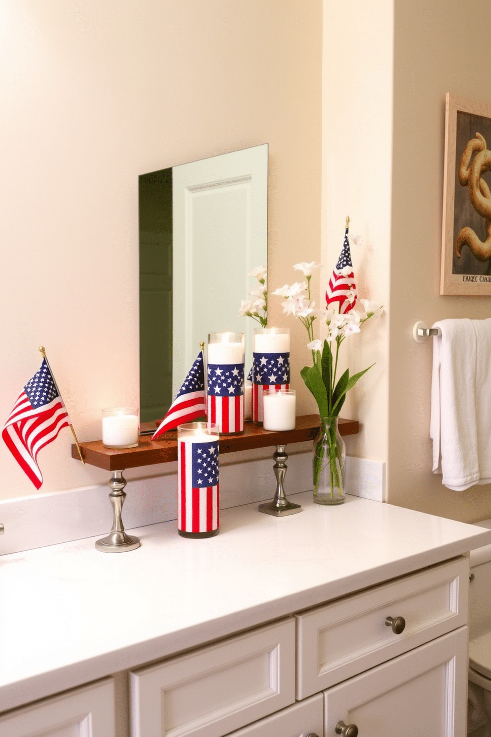 Candle holders featuring American flags are arranged on a wooden shelf in the bathroom. The vibrant colors of the flags create a festive atmosphere, perfect for Independence Day celebrations. An elegant white countertop is adorned with these candle holders, adding a patriotic touch. Soft, ambient lighting enhances the warm glow of the candles, creating a cozy and inviting space.