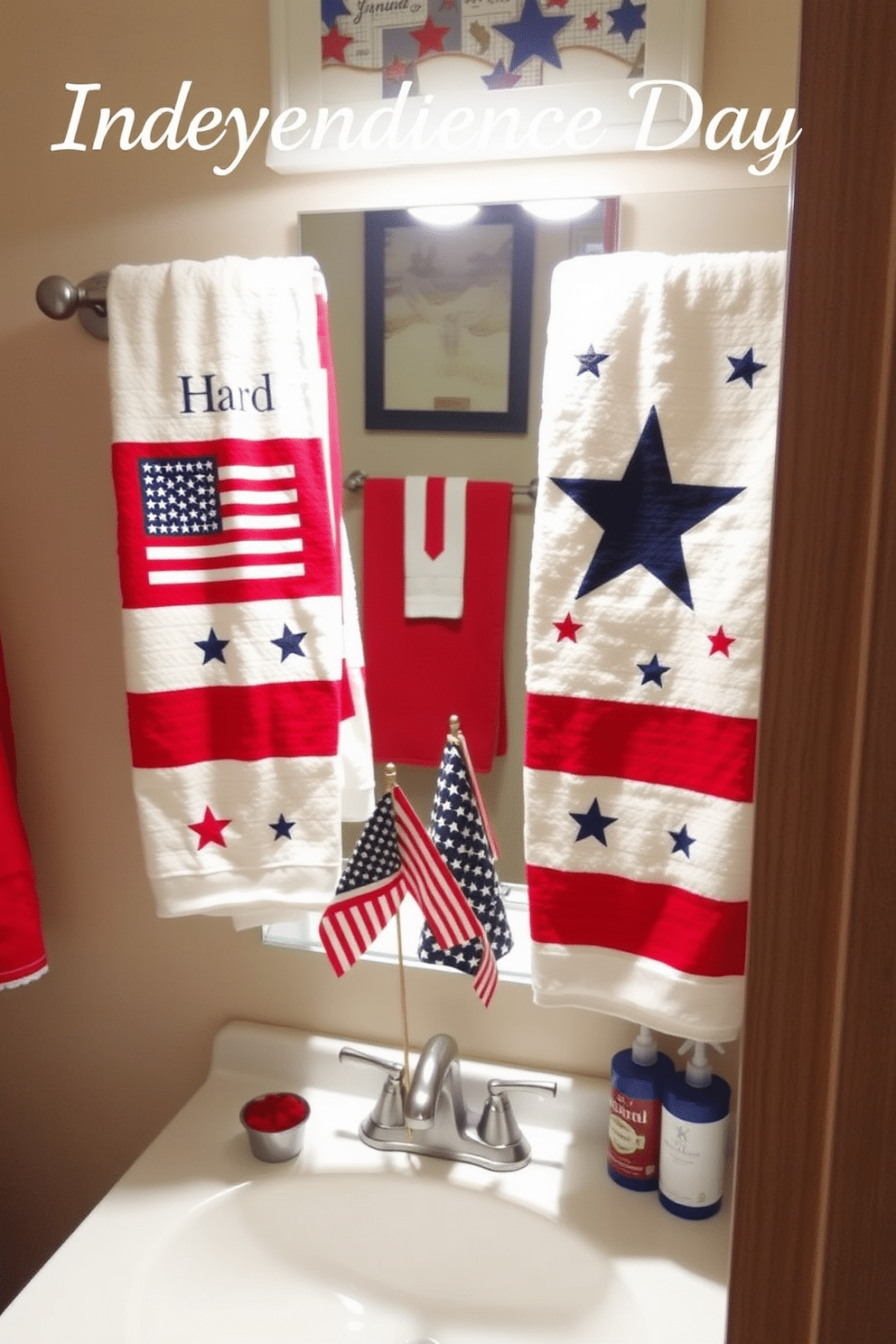 A festive bathroom setting for Independence Day. The towels are adorned with red, white, and blue patterns featuring stars and stripes. A decorative display includes a small flag centerpiece on the sink. Red and blue accents are incorporated into the bathroom accessories, creating a patriotic atmosphere.