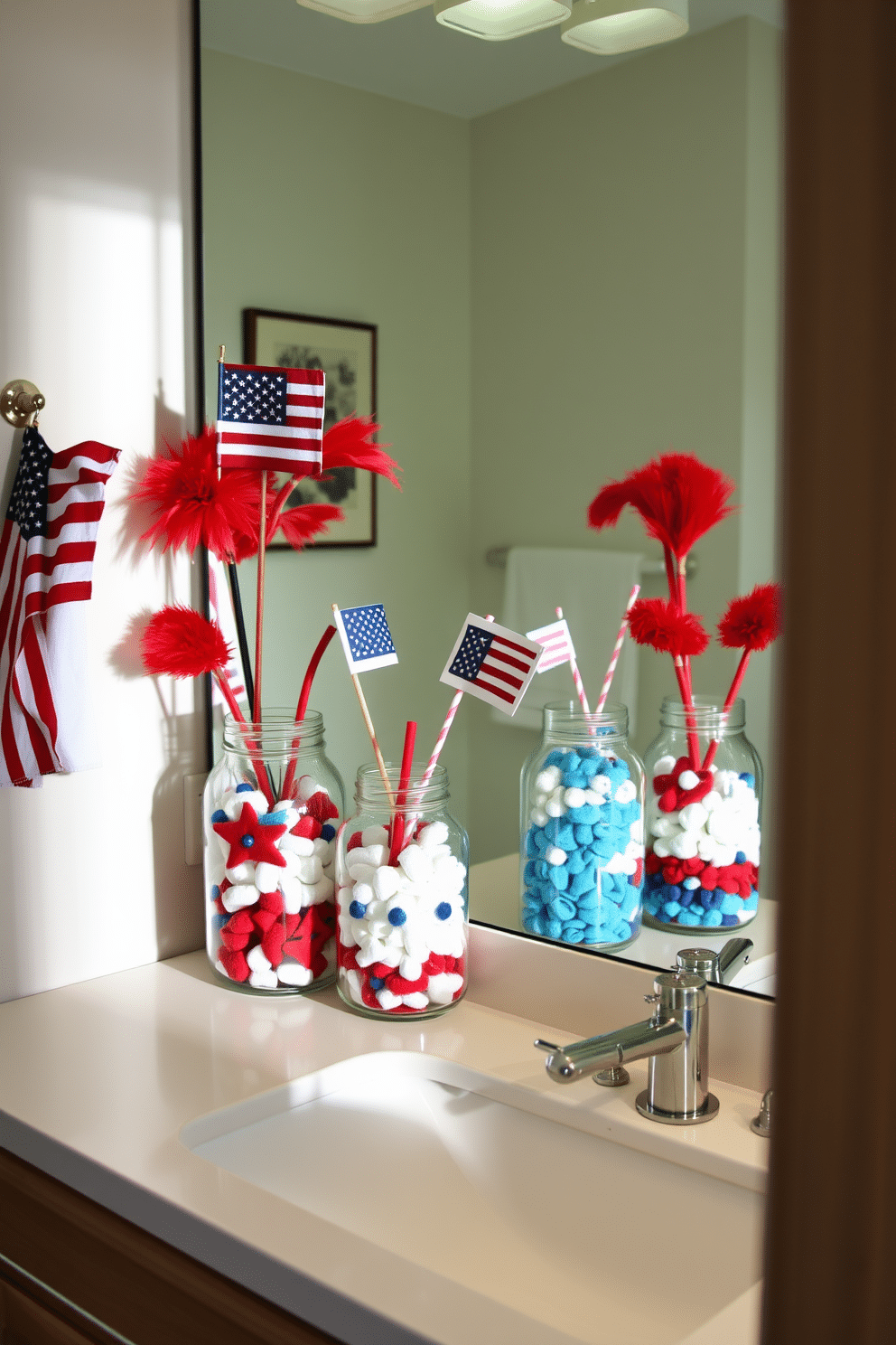 A stylish bathroom adorned for Independence Day features decorative jars filled with red, white, and blue items. The jars are artfully arranged on a sleek countertop, adding a festive touch to the overall decor.