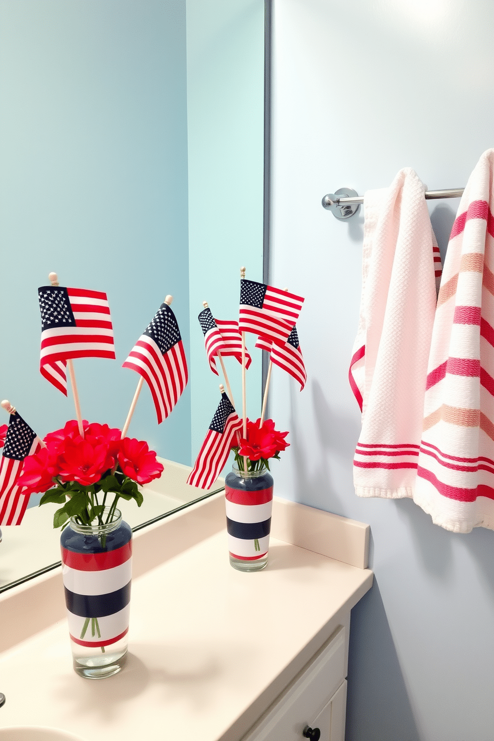 A festive bathroom setting for Independence Day. Miniature American flags are placed in vibrant flower vases that adorn the countertop. The walls are painted in a soft blue hue, creating a serene atmosphere. Red and white striped towels hang neatly from the towel rack, adding a patriotic touch.