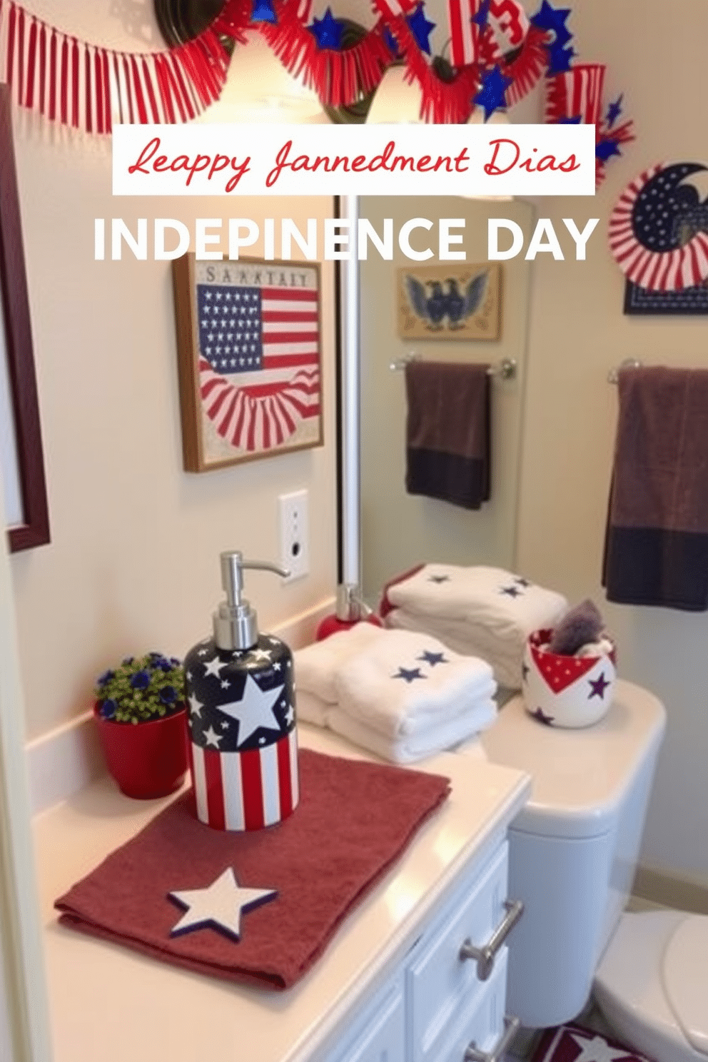 A festive bathroom setting celebrating Independence Day. The focal point is a stars and stripes soap dispenser placed on the countertop next to a matching towel set. Red, white, and blue accents are incorporated throughout the space. The walls are adorned with patriotic-themed artwork, and a decorative rug features a star pattern.