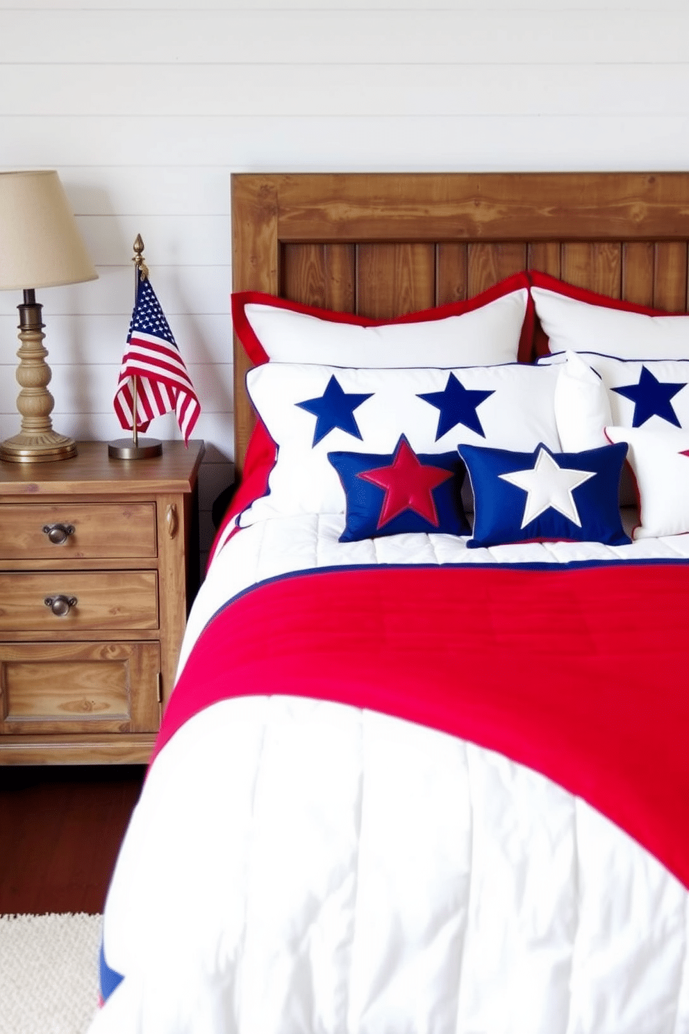 A patriotic bedroom featuring a red white and blue bedding set that celebrates Independence Day. The bed is adorned with a quilted comforter in bold stripes and complemented by star-patterned throw pillows. The walls are painted in a soft white to enhance the vibrant colors of the bedding. A rustic wooden nightstand holds a small American flag and a vintage lamp, adding charm to the festive decor.