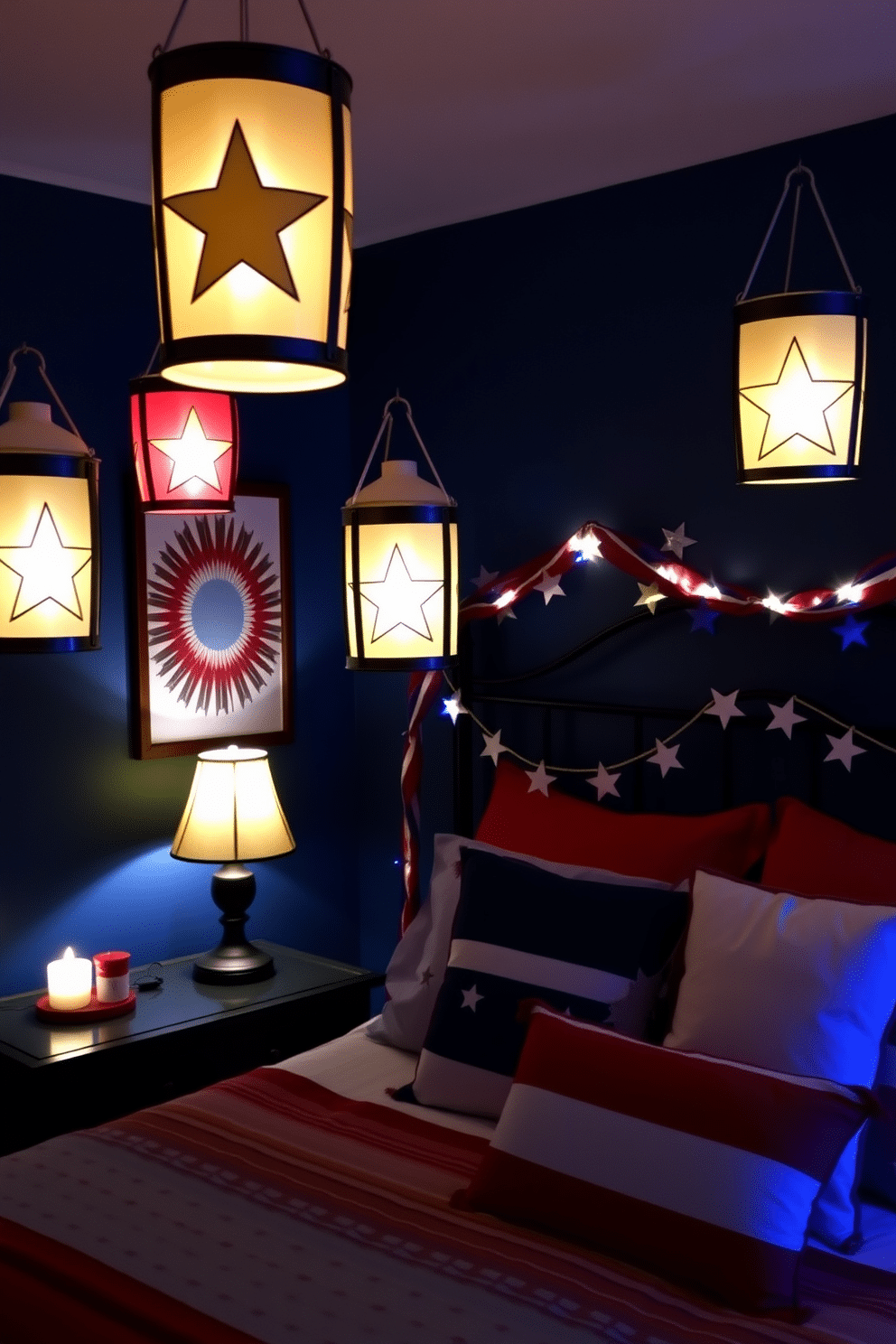 A cozy bedroom setting adorned with decorative lanterns featuring star motifs. The lanterns are hung from the ceiling and placed on bedside tables, casting a warm and inviting glow throughout the room. The walls are painted in a deep blue hue, reminiscent of the night sky, while red and white accents are incorporated through bedding and throw pillows. A festive garland of stars and stripes is draped along the headboard, enhancing the Independence Day theme.