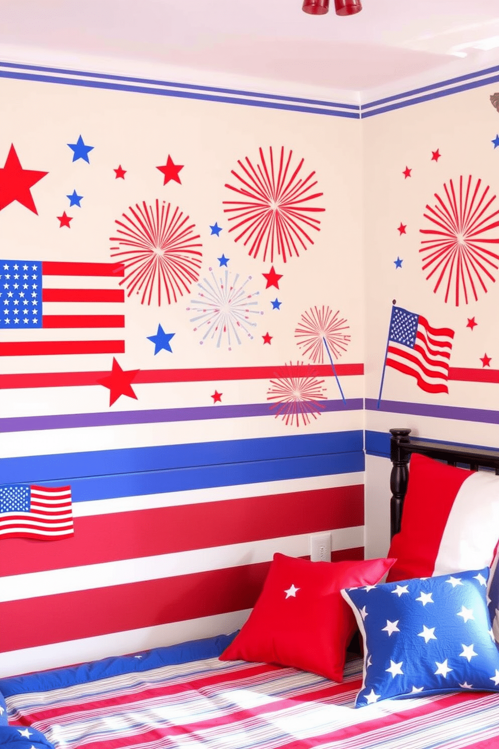 Independence Day themed wall decals featuring vibrant red white and blue designs. Stars and stripes create a festive atmosphere perfect for celebrating the holiday. A cozy bedroom decorated with patriotic colors and accents. Bedding in bold red and blue complements wall decals showcasing fireworks and American flags.