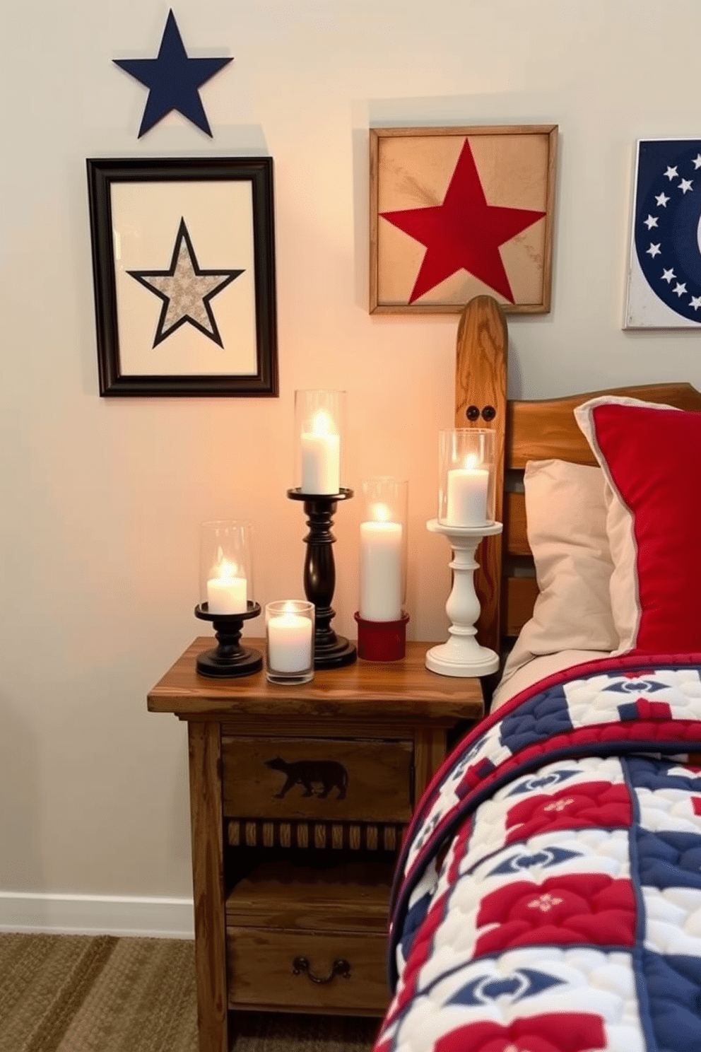 Candle holders in red white and blue are arranged on a rustic wooden bedside table. The soft glow of the candles creates a warm and festive atmosphere, perfect for celebrating Independence Day. The walls are adorned with patriotic artwork, featuring stars and stripes that complement the candle holders. A cozy quilt in red white and blue drapes over the bed, enhancing the holiday spirit in the bedroom.