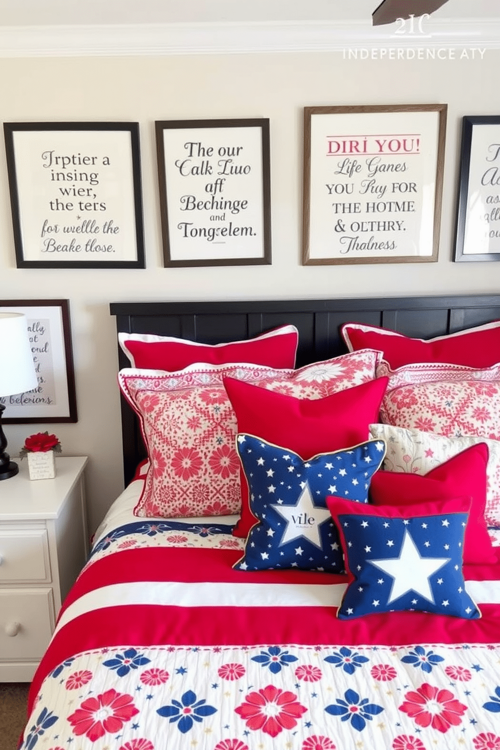 A cozy bedroom decorated for Independence Day features walls adorned with framed patriotic quotes that inspire and uplift. The bedding is a mix of red, white, and blue patterns, complemented by decorative pillows that enhance the festive atmosphere.