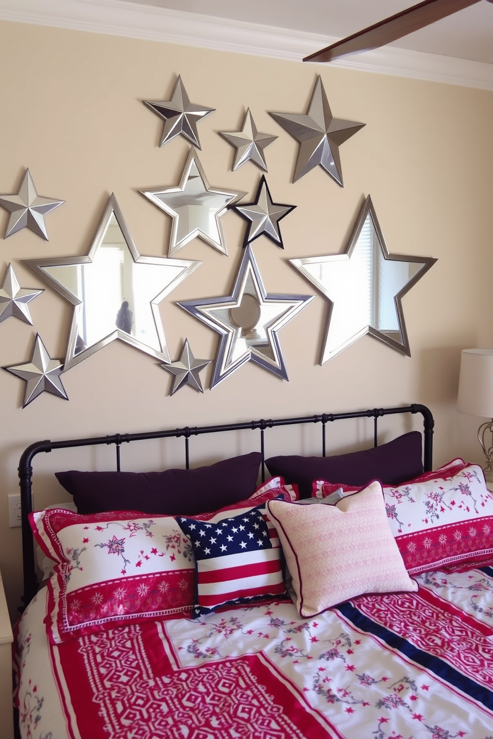 A cozy bedroom decorated for Independence Day features star-shaped decorative mirrors arranged on the wall, reflecting the festive spirit. The bedding is adorned with red, white, and blue patterns, while patriotic-themed throw pillows add a touch of charm.