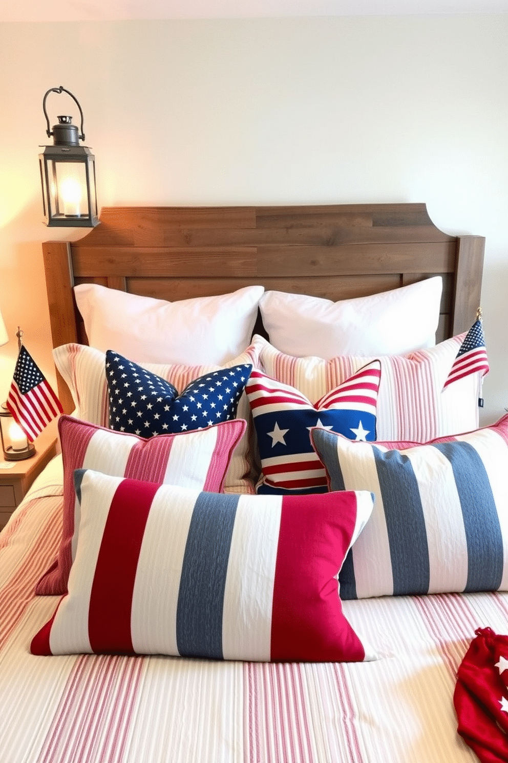 Create a cozy bedroom setting inspired by Independence Day. Incorporate vintage lanterns that cast a warm glow, enhancing the patriotic decor with red, white, and blue accents throughout the space. The bedding features a classic striped pattern, while decorative pillows showcase stars and stripes. A rustic wooden headboard adds charm, and a small American flag is displayed on the nightstand.